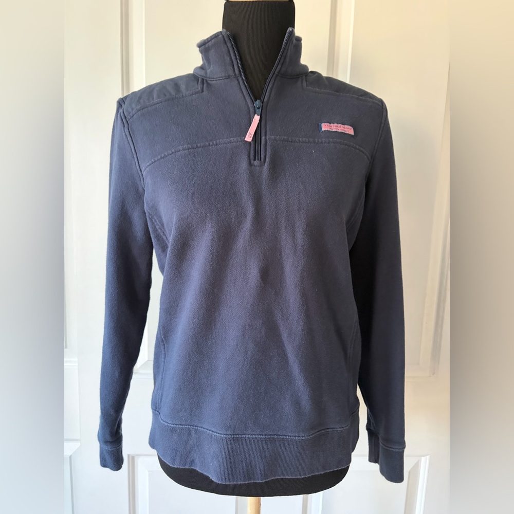 Vineyard Vines Navy Pullover with Pink Whale Logo Medium